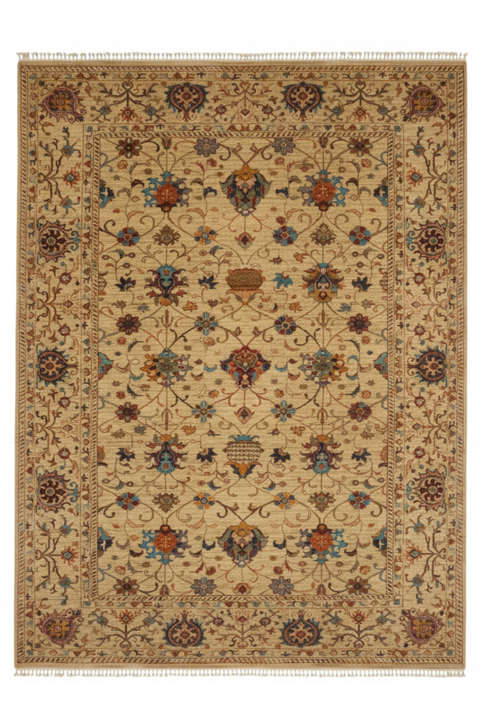 Vog Sultani Handmade Beige Anatolian Motif Patterned Fringed Modern and Traditional Living Room Rug - MALLTURK