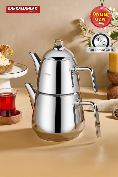 Kahramanlar Milano Medium Size Teapot Set Stainless Steel with Steam Lid Platinum - MALLTURK