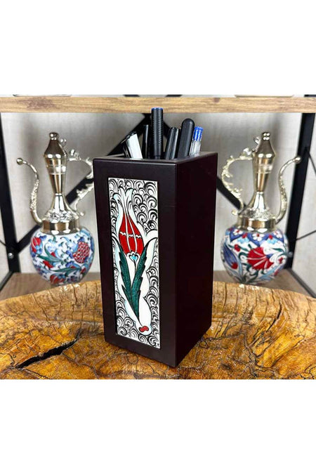 Cini Evi Red Tulip Iznik Tile Wooden Pen Holder - MALLTURK