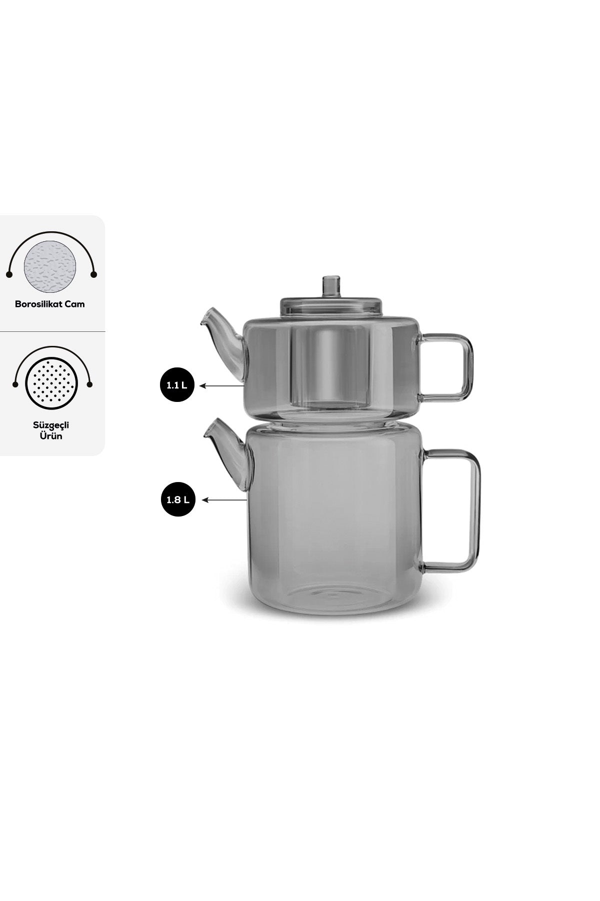 Karaca Flat Borosilicate Glass Midi Teapot Smoke Grey - MALLTURK