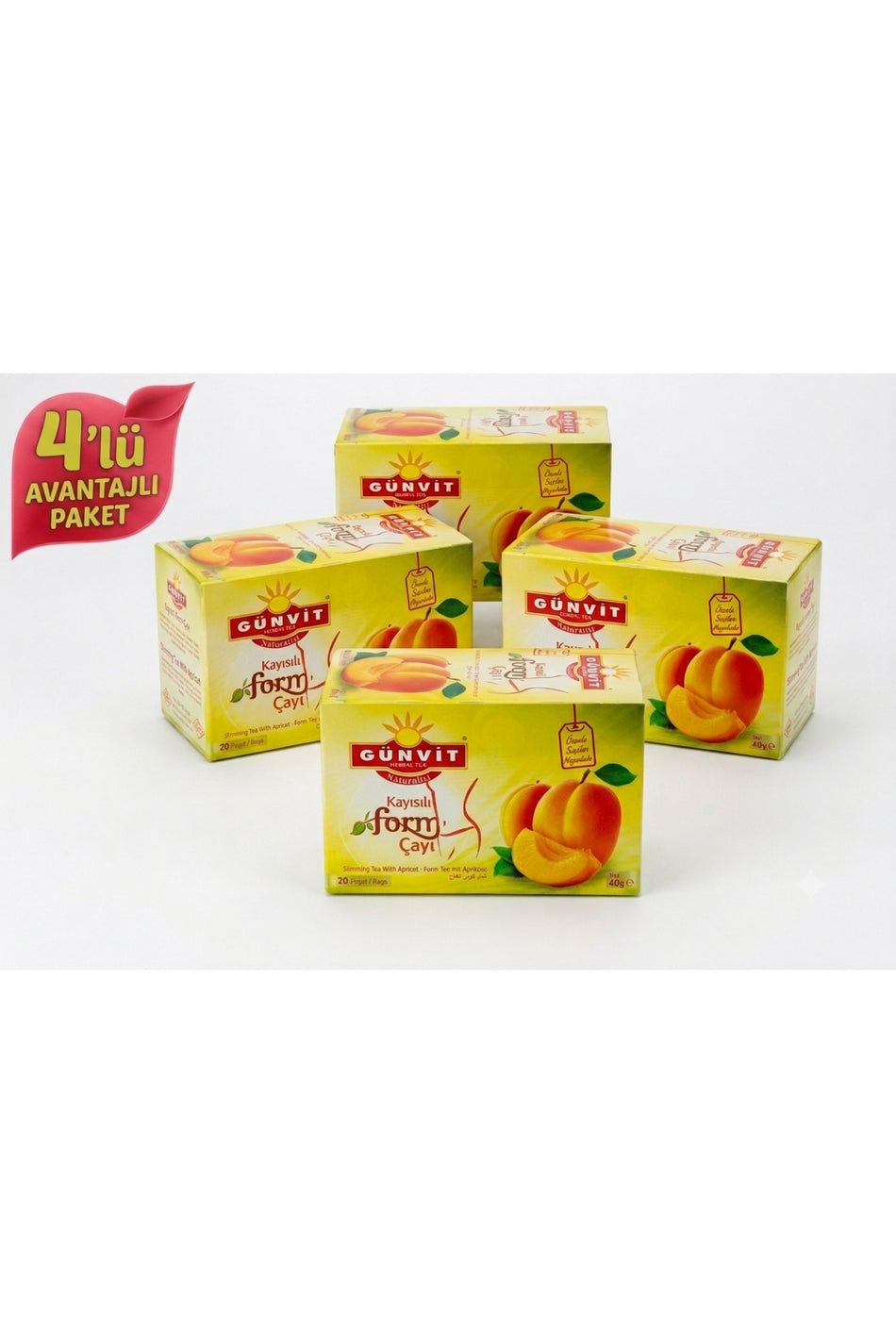 Gunvit Apricot Flavored Slimming Tea, 20 Tea Bags per Box (4 packs)