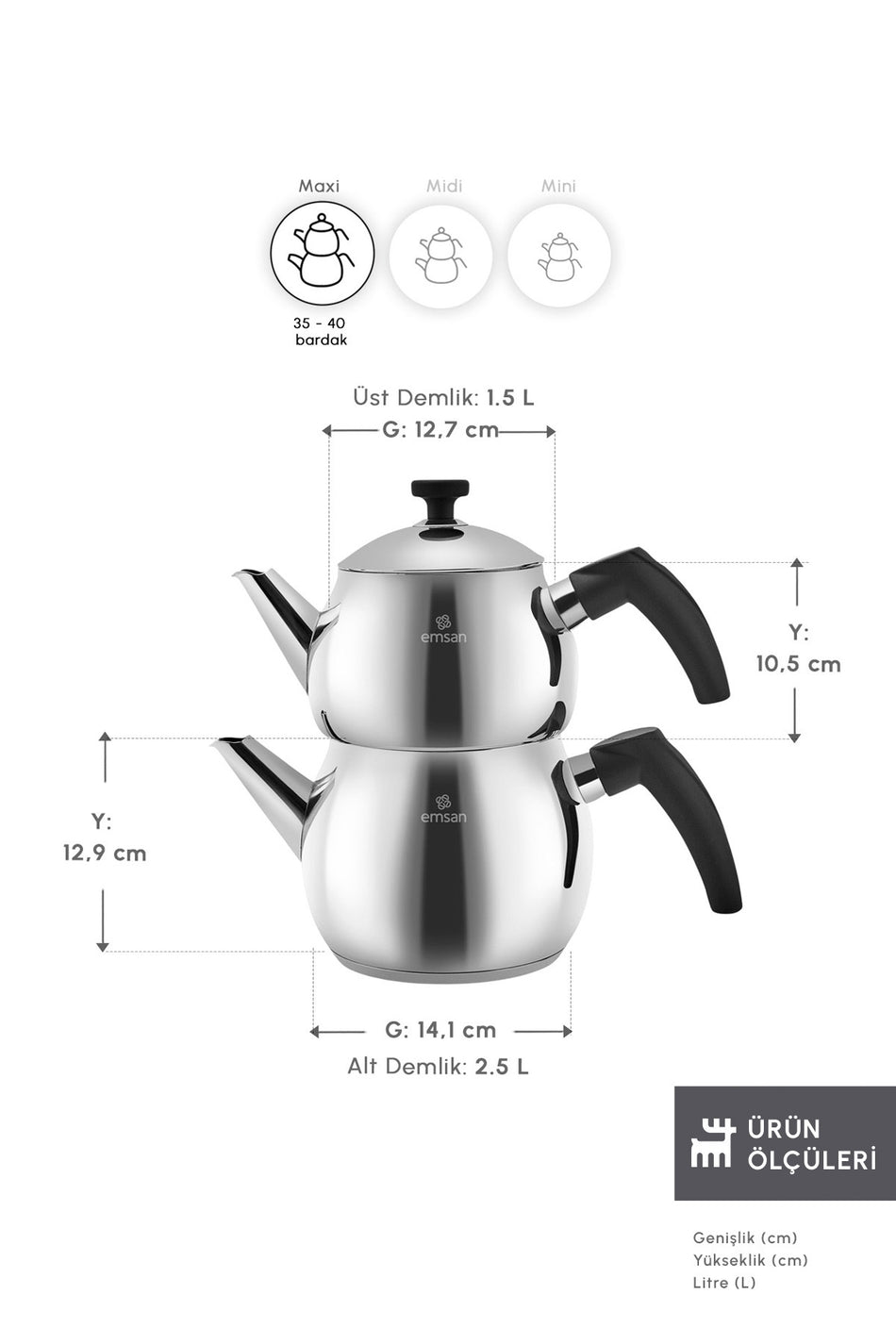 Emsan Alim Stainless Steel Maxi Size Teapot Set Large - MALLTURK