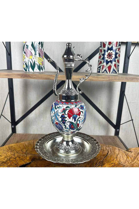 Cini Evi Red Carnation Elegance Silver-Plated Iznik Tile Ewer Set - MALLTURK