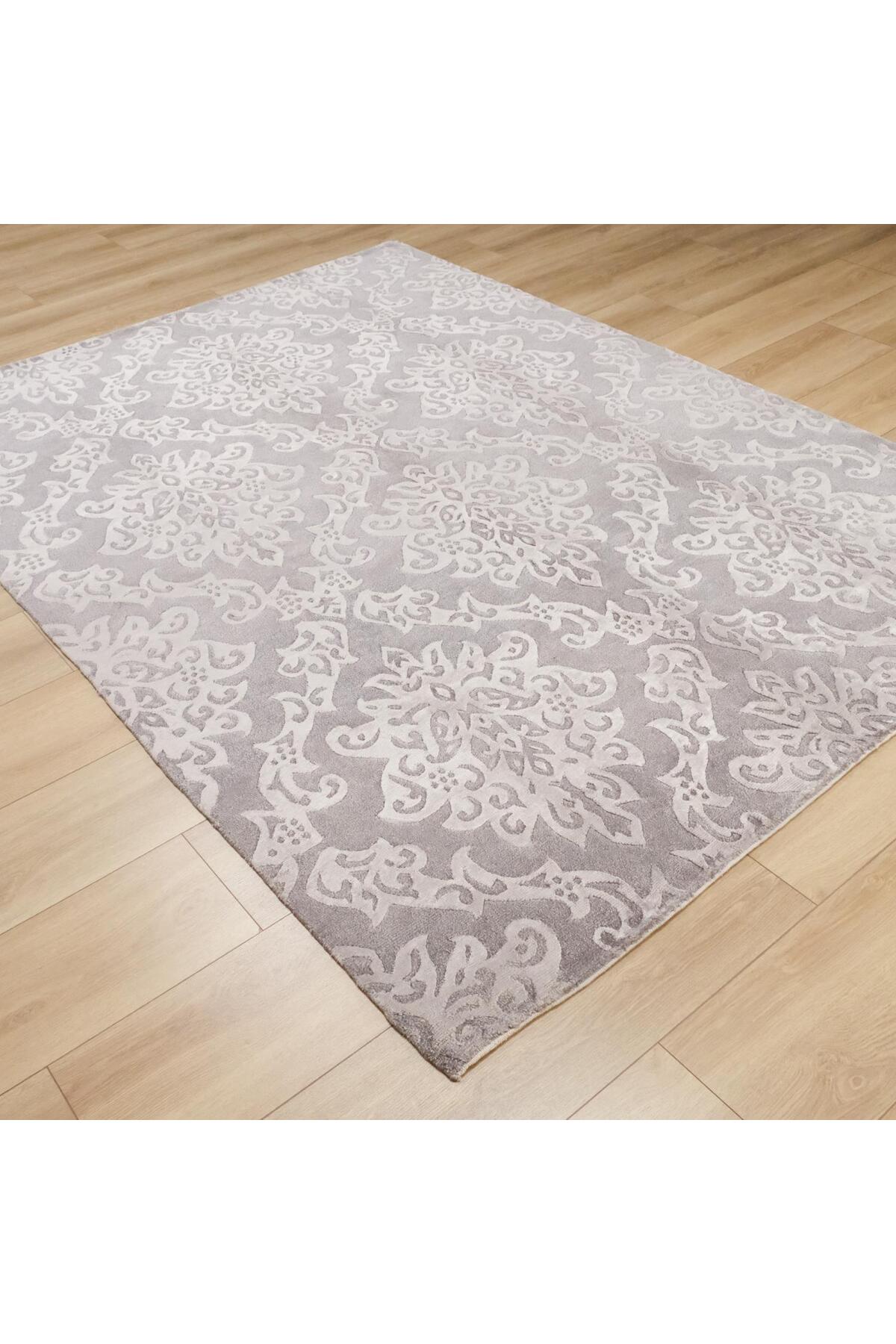 Halicizade Hand-Woven Damask Pattern Gumus Wool Rug