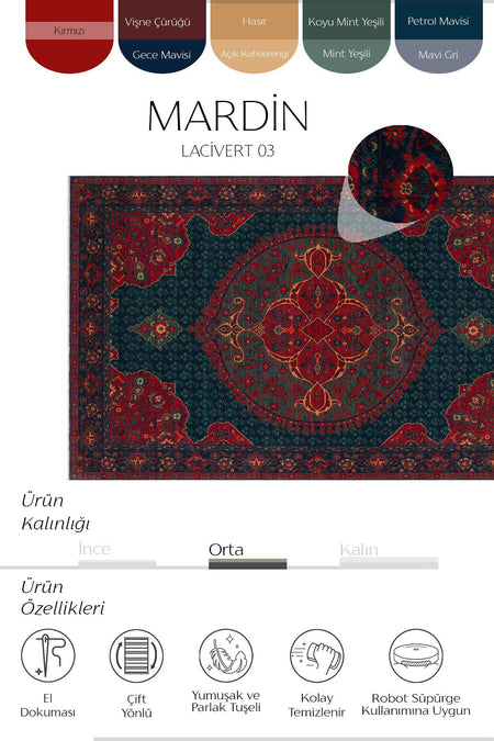 Cool Rug Mardin Navy Red Multi Multicolor Classic 4 Season New Zealand Wool Soft Hand-Woven Living Room Rug - MALLTURK