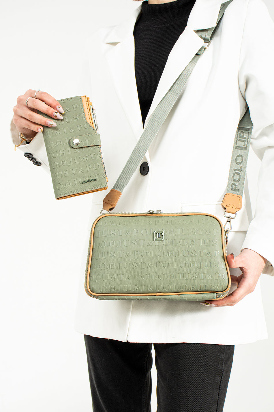 Just Polo Women's Green Tan 3D Just & Polo Patterned Bag Vegan Shoulder and Handbag - MALLTURK