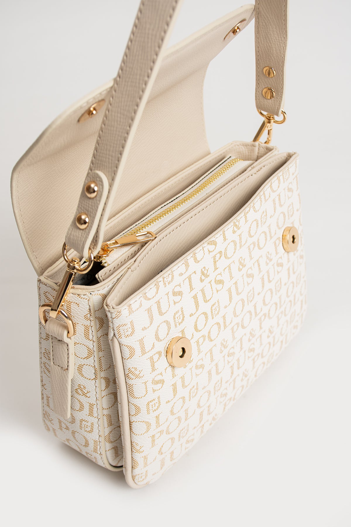 Just Polo Original Women's 4-Compartment Luxury Soft Leather Adjustable Crossbody Strap Stylish Trendy Shoulder Bag Cream - MALLTURK