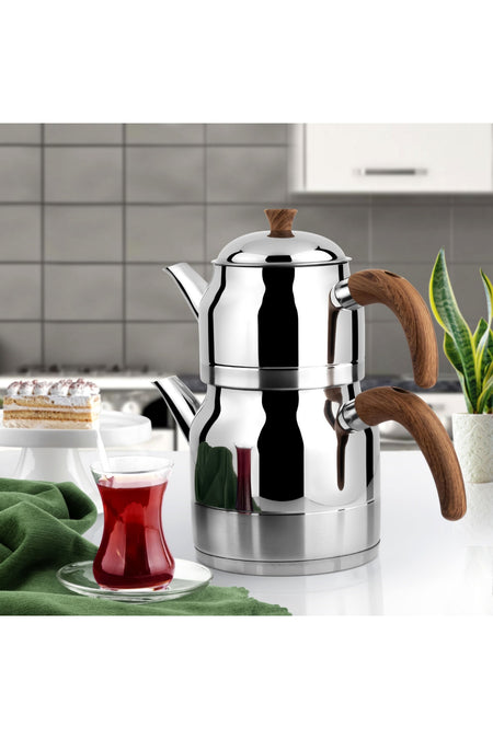 Lines Ayperi Steel Teapot with Wooden Handle, Medium Size, 1 Liter infuser, 2 Liter Water Jug - MALLTURK