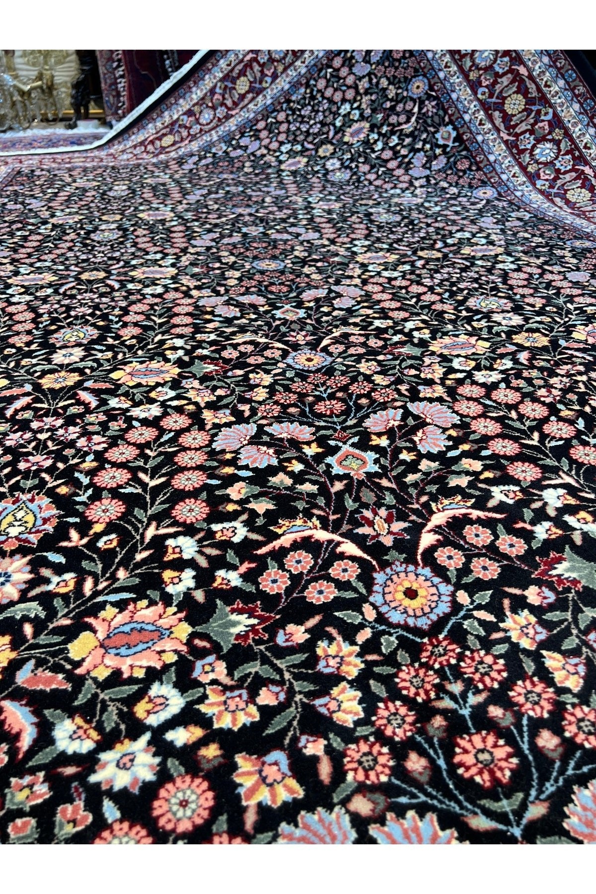 RD RAMAZAN DAG Hand Rug Art Hand-Woven Hereke Rug Signed Seven Mountains Flower Black Color Premium Quality Size 296x200 - MALLTURK