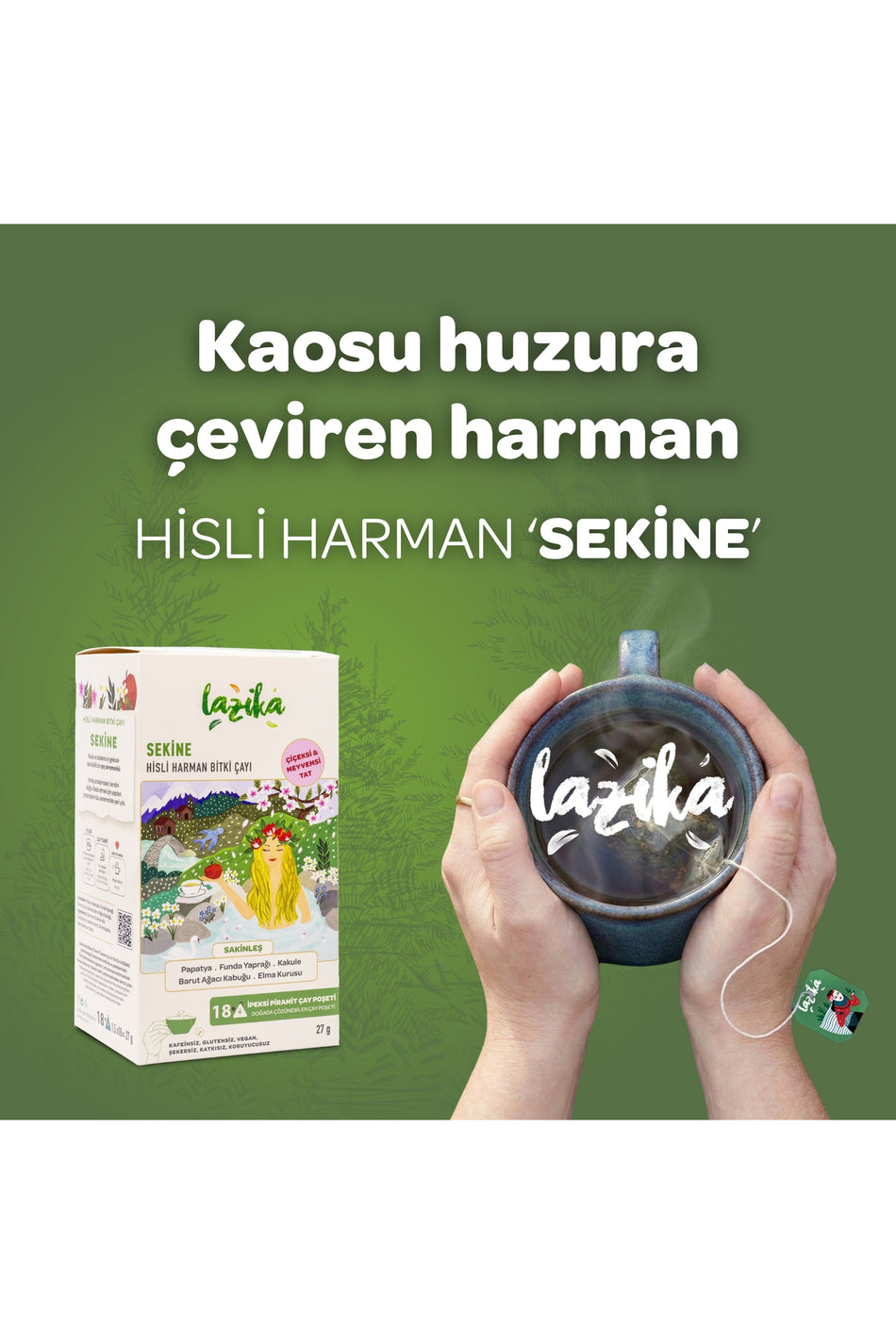 LAZIKA Sensitive Blend Sekine Herbal Tea 18-Pack PLA Pyramid Tea Bags - Chamomile, Cardamom, Ginger, Cinnamon - MALLTURK