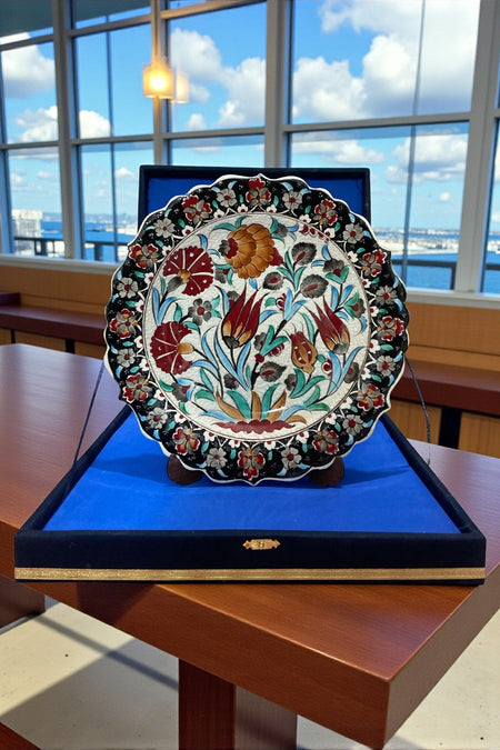 YOOS Velvet Gift Box 30 cm Special Sable Craftsmanship Kutahya Tile Black - Red Tile Plate - MALLTURK