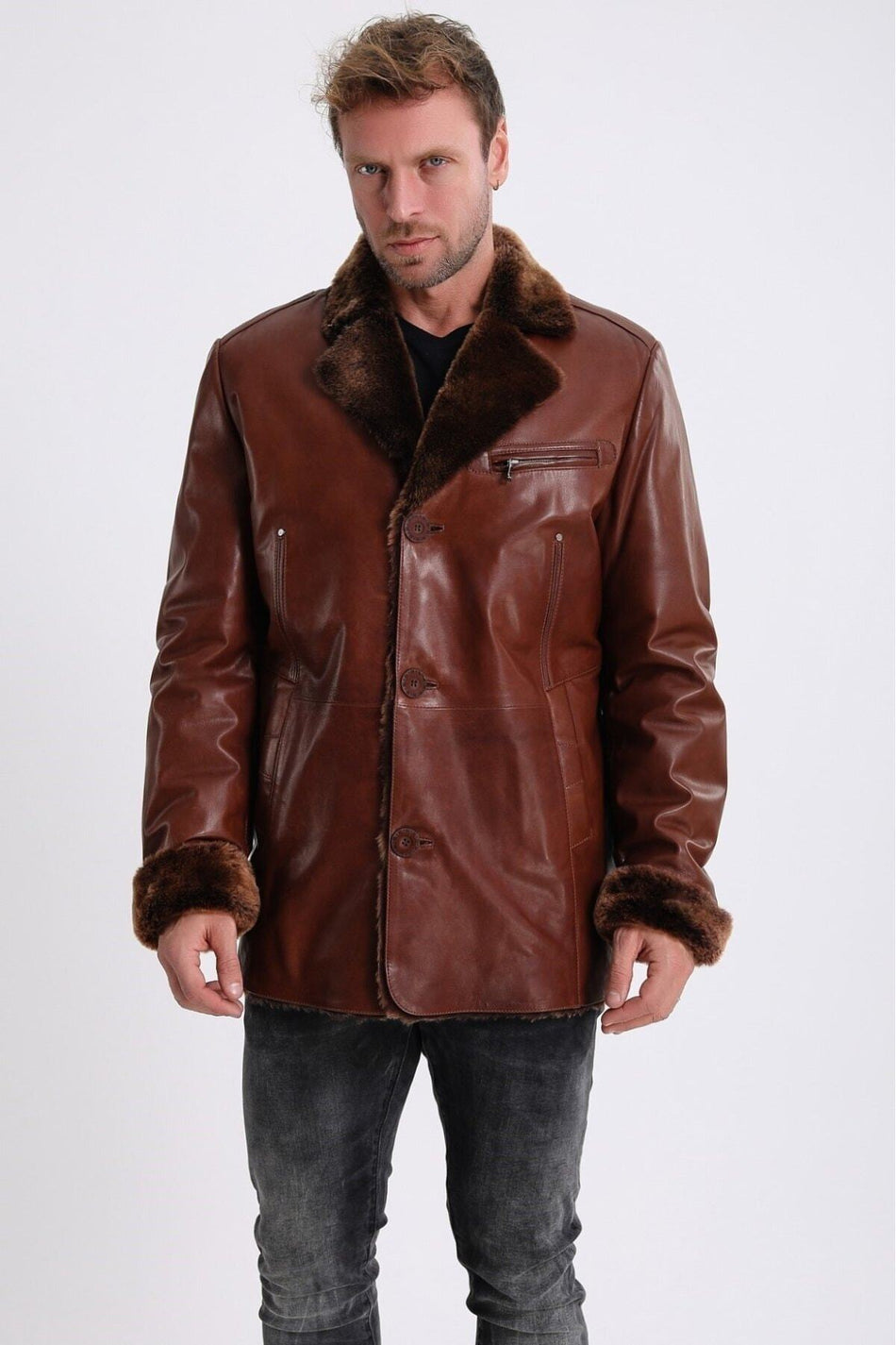 Manteau en cuir marron clair Leather Club avec doublure en fourrure
