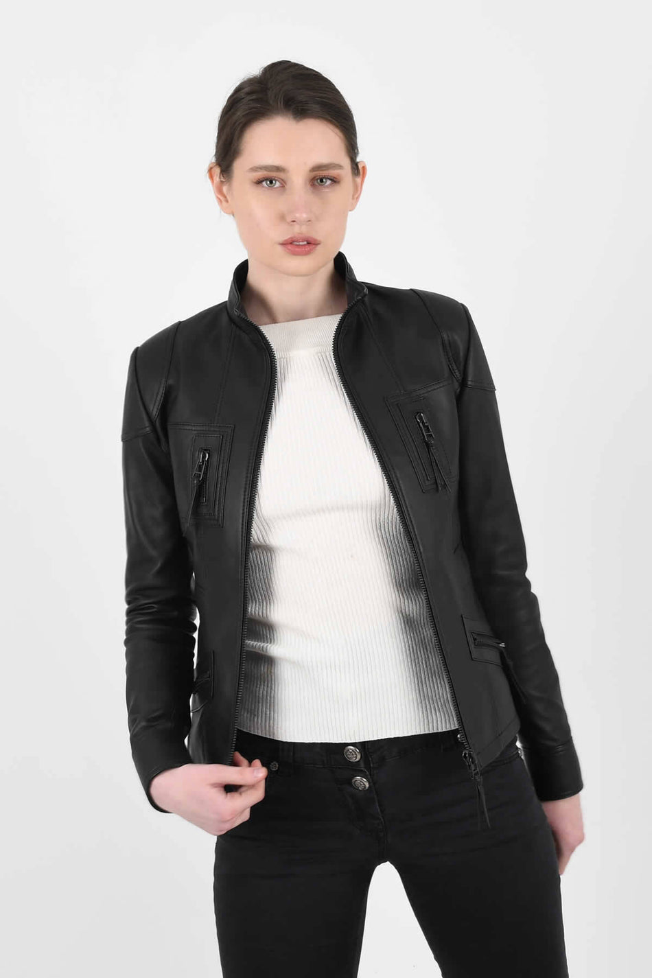 ALIN Melody Women's Genuine Leather Fitted Leather Jacket Black