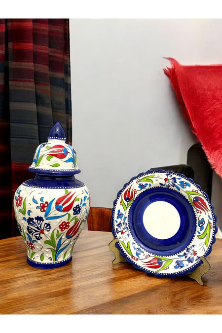 STORESZA Cube Vase and Plate Set - The Gem of Kutahya Tile Art (20 cm Vase & 15 cm Plate, Handmade) - MALLTURK