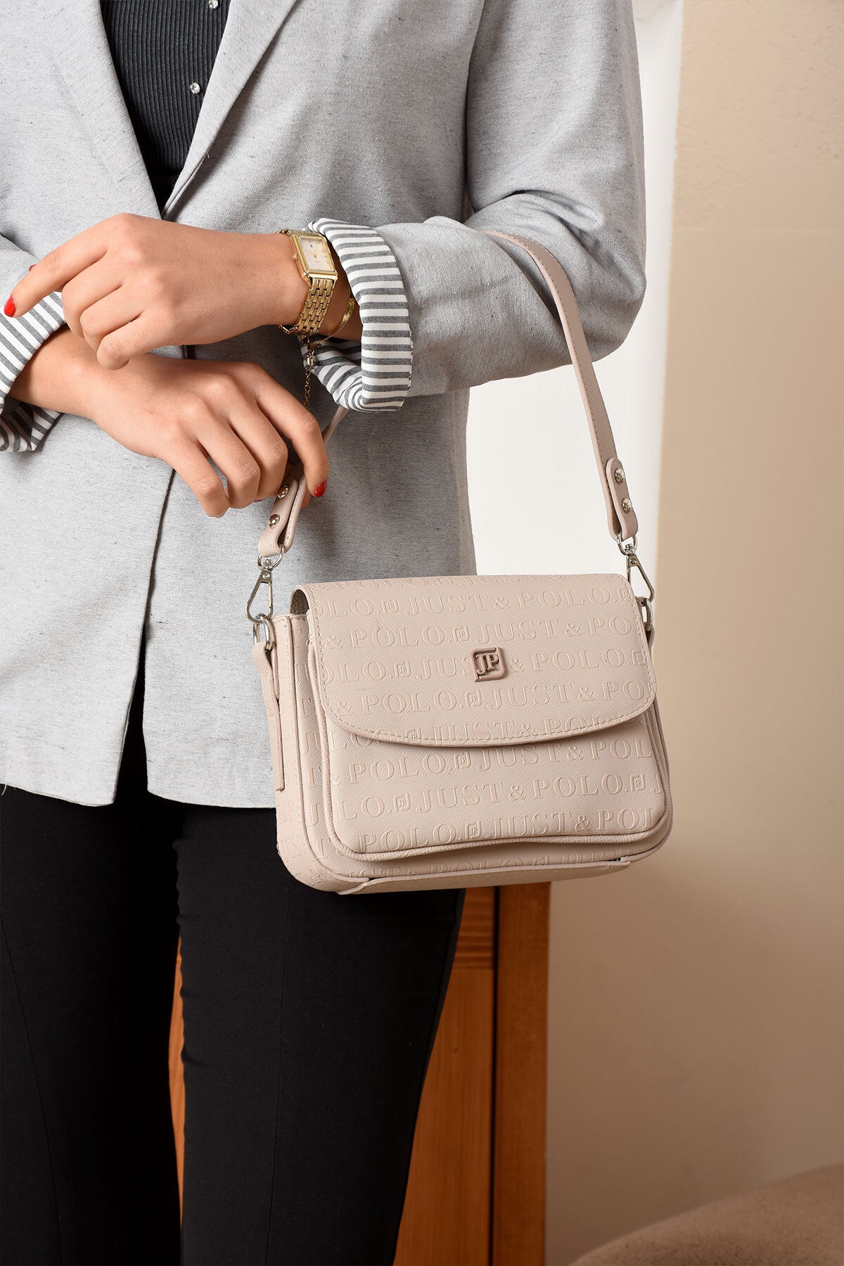 Just Polo Women's Flap Shoulder Bag JPM4041 Cream - MALLTURK