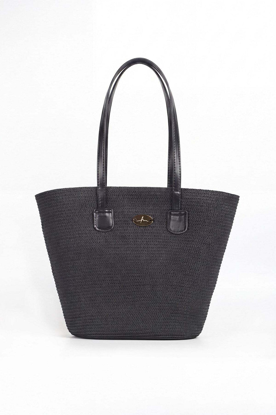 Hasema Black Woven Beach Bag with Leather Handles and Zipper 3120