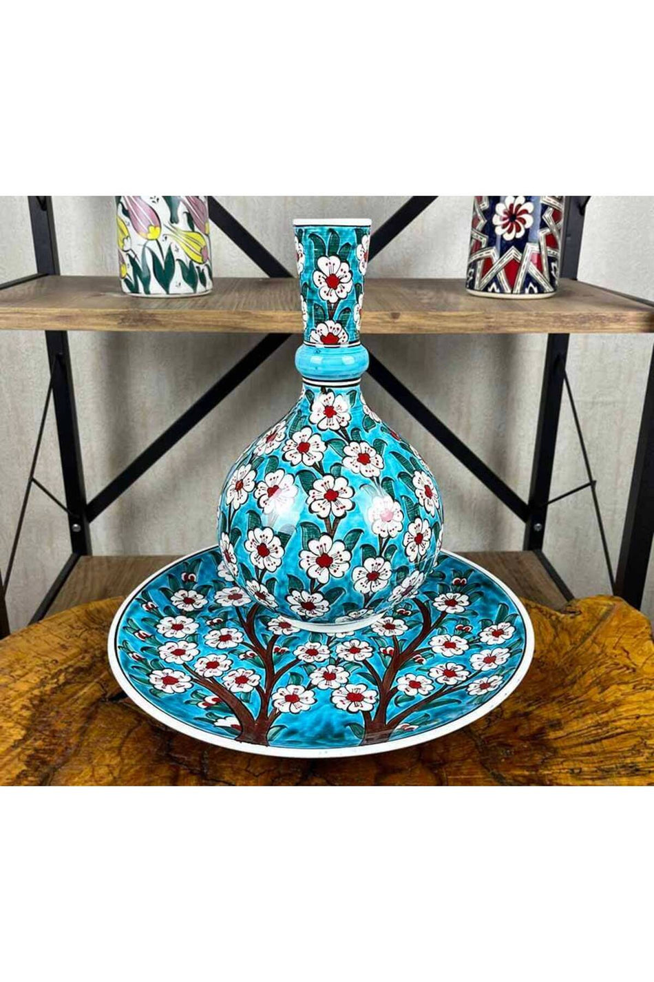Cini Evi Turquoise Tree of Life – Iznik Tile Vase and Plate Set - MALLTURK