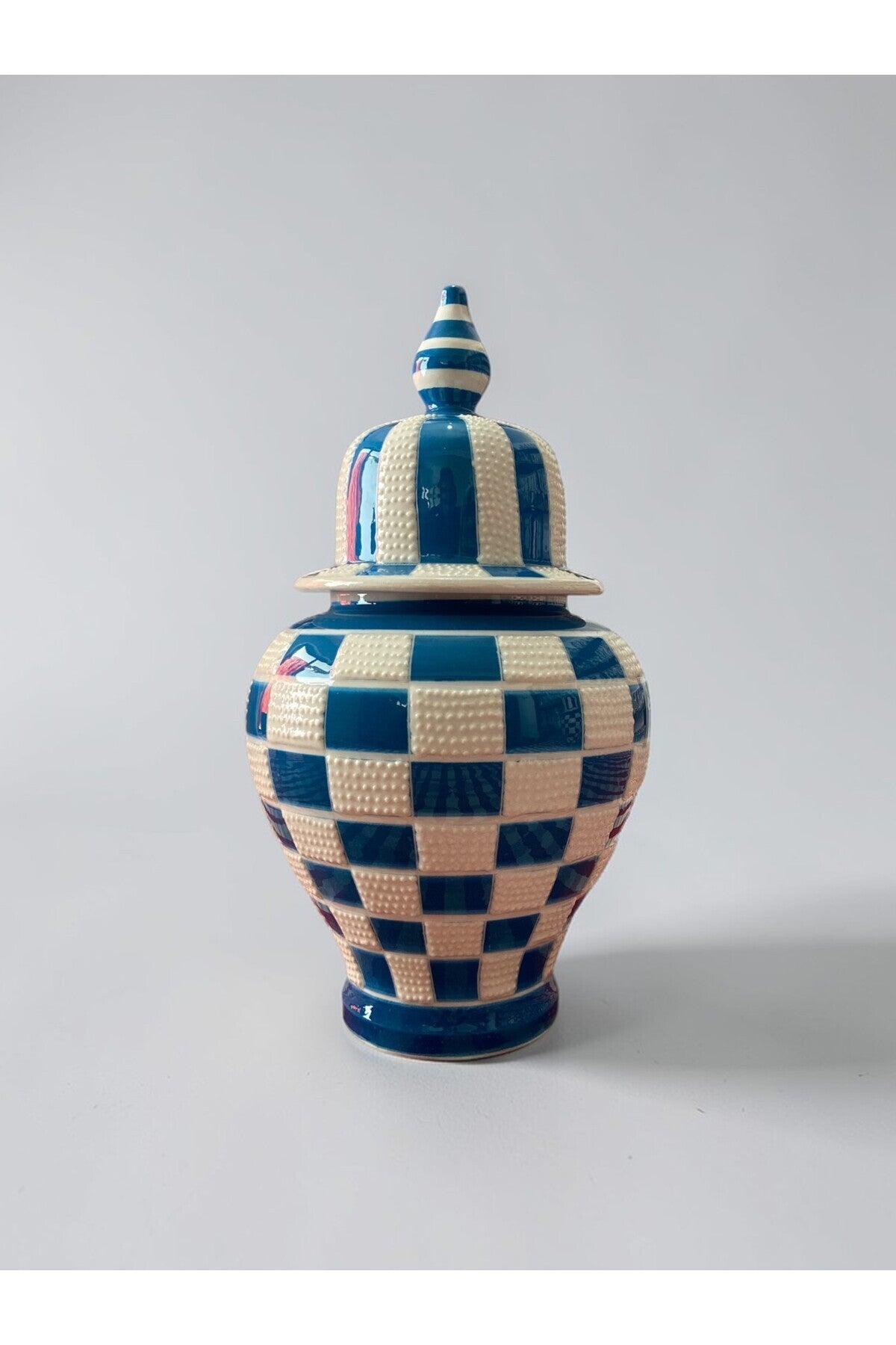 YOOS Handmade Wheelwork 25cm Kutahya Ceramic Checkered Shah Cube Ceramic Vase Blue - MALLTURK