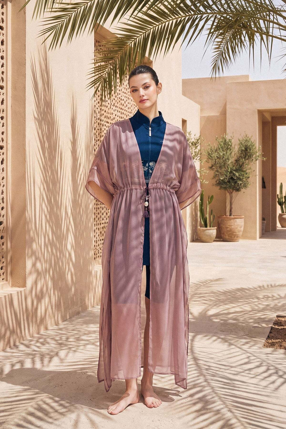 Hashema Tie Detail Powder Pink Long Tulle Pareo 1017