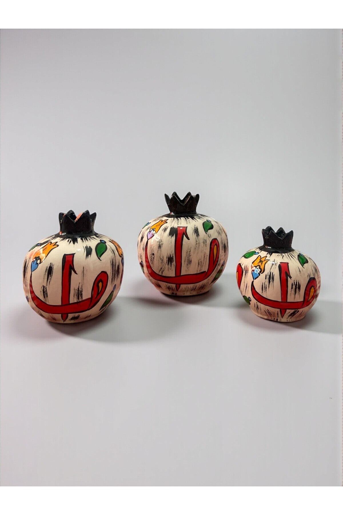 YOOS Handmade Brush Craftsmanship Vav and Elif Patterned 3-Piece Ceramic Pomegranate Set - MALLTURK
