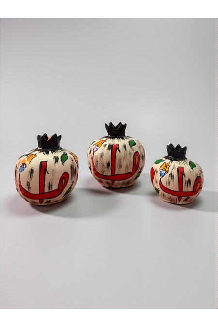 YOOS Handmade Brush Craftsmanship Vav and Elif Patterned 3-Piece Ceramic Pomegranate Set - MALLTURK