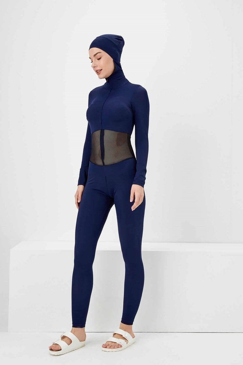 Women's Mesh Navy Blue Long-Sleeve Swimsuit