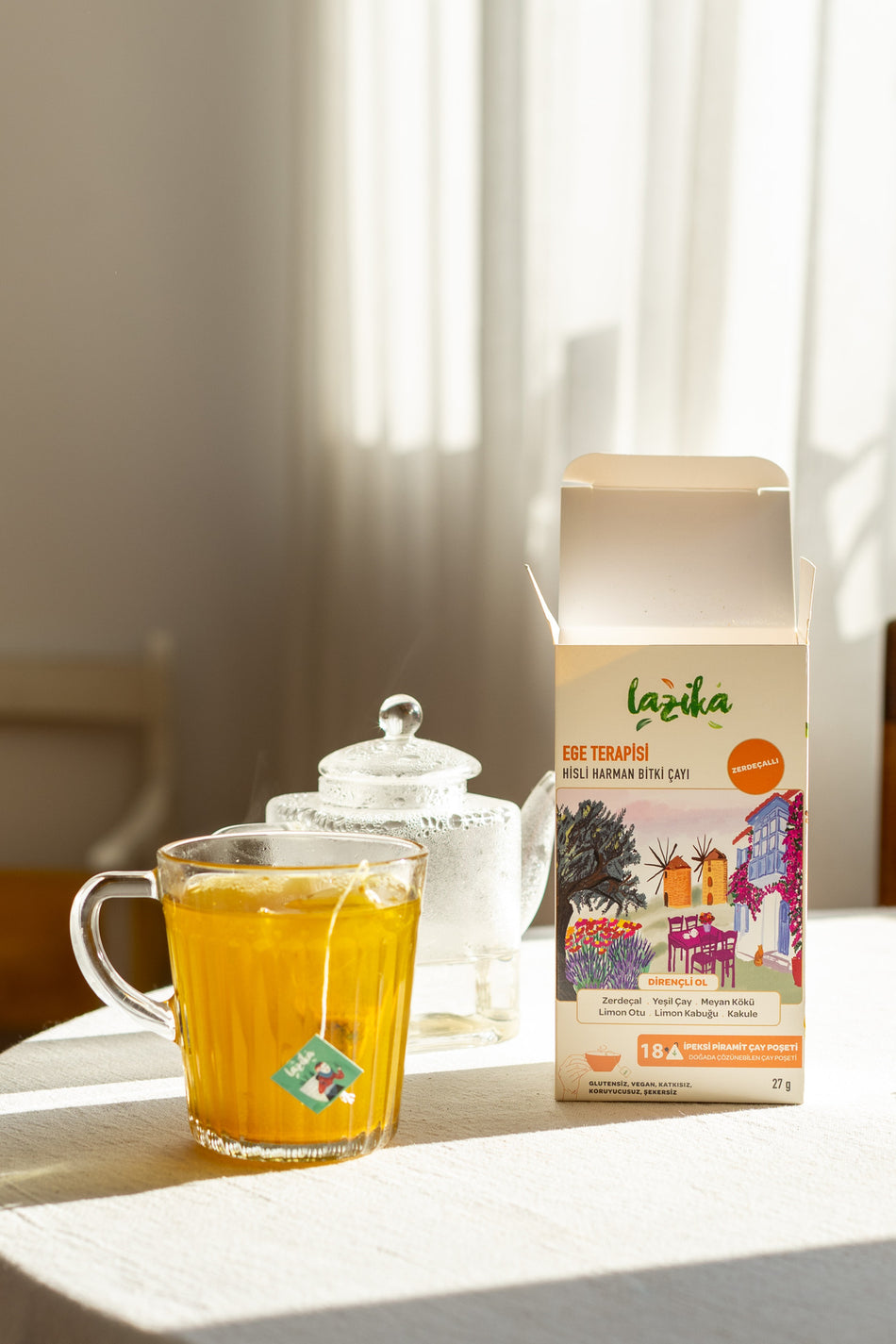 LAZIKA Sensitive Blend Aegean Therapy Herbal Tea 18 PLA Bags - Green Tea, Turmeric, Cardamom, Licorice Root - MALLTURK