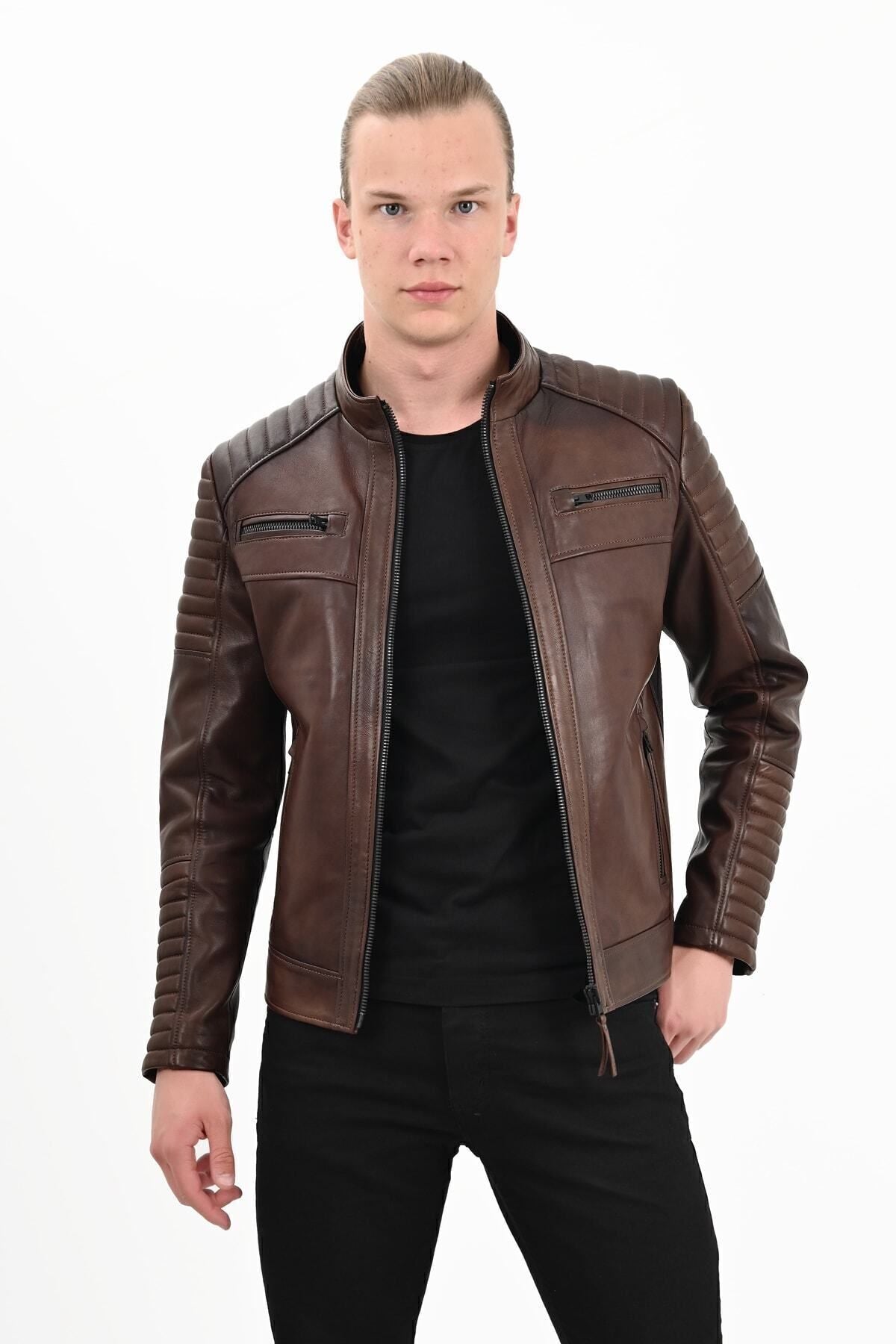 ALIN Sandor Men's Genuine Leather Embossed Stitch Leather Jacket Brown
