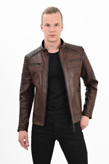 ALIN Sandor Men's Genuine Leather Embossed Stitch Leather Jacket Brown