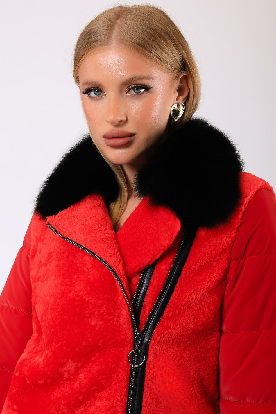 Leather Club Red Wool Puffer Coat with Genuine Leather Accessories