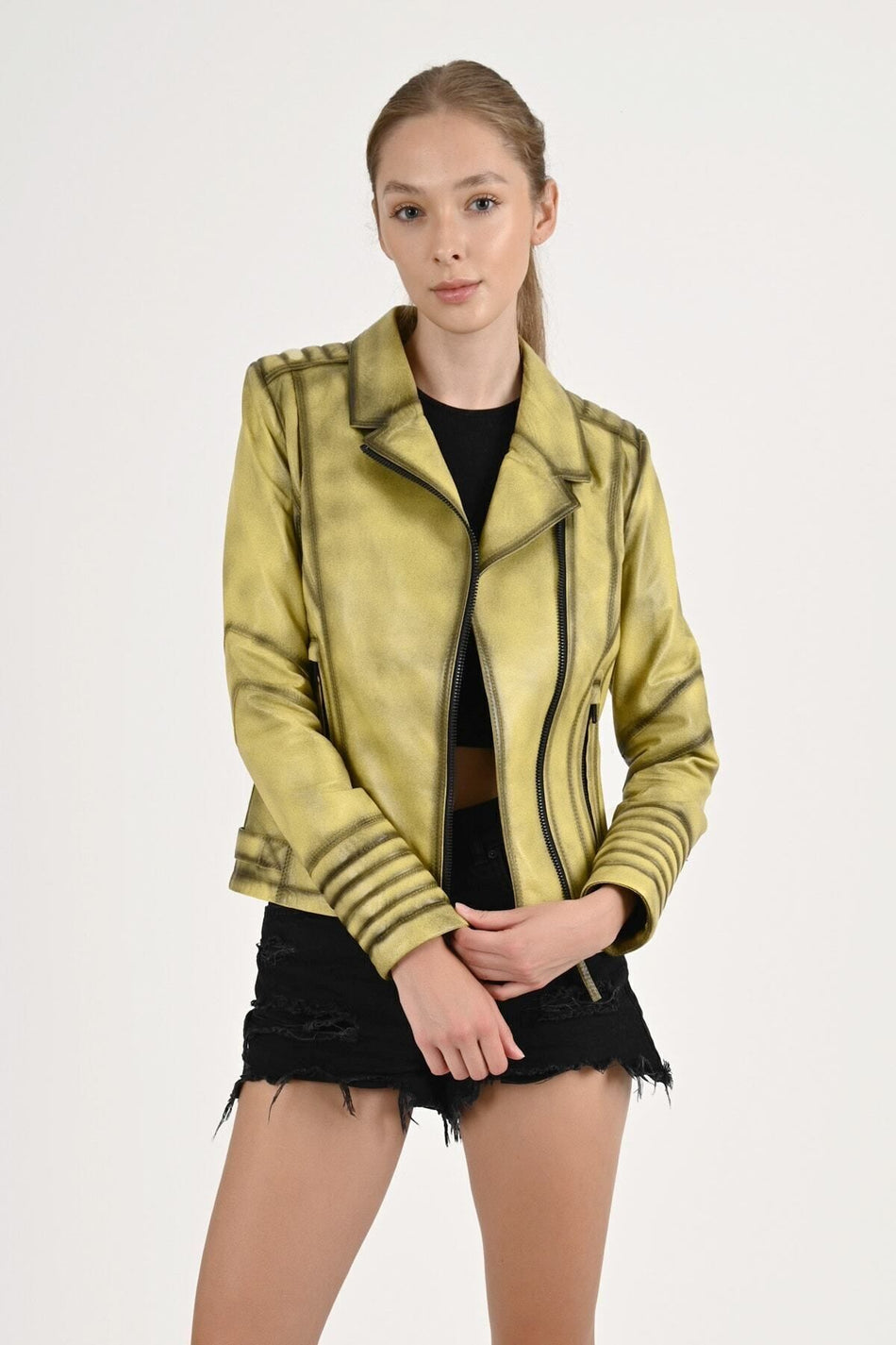 ALIN Alexa Genuine Leather Women's Yellow Biker Leather Jacket
