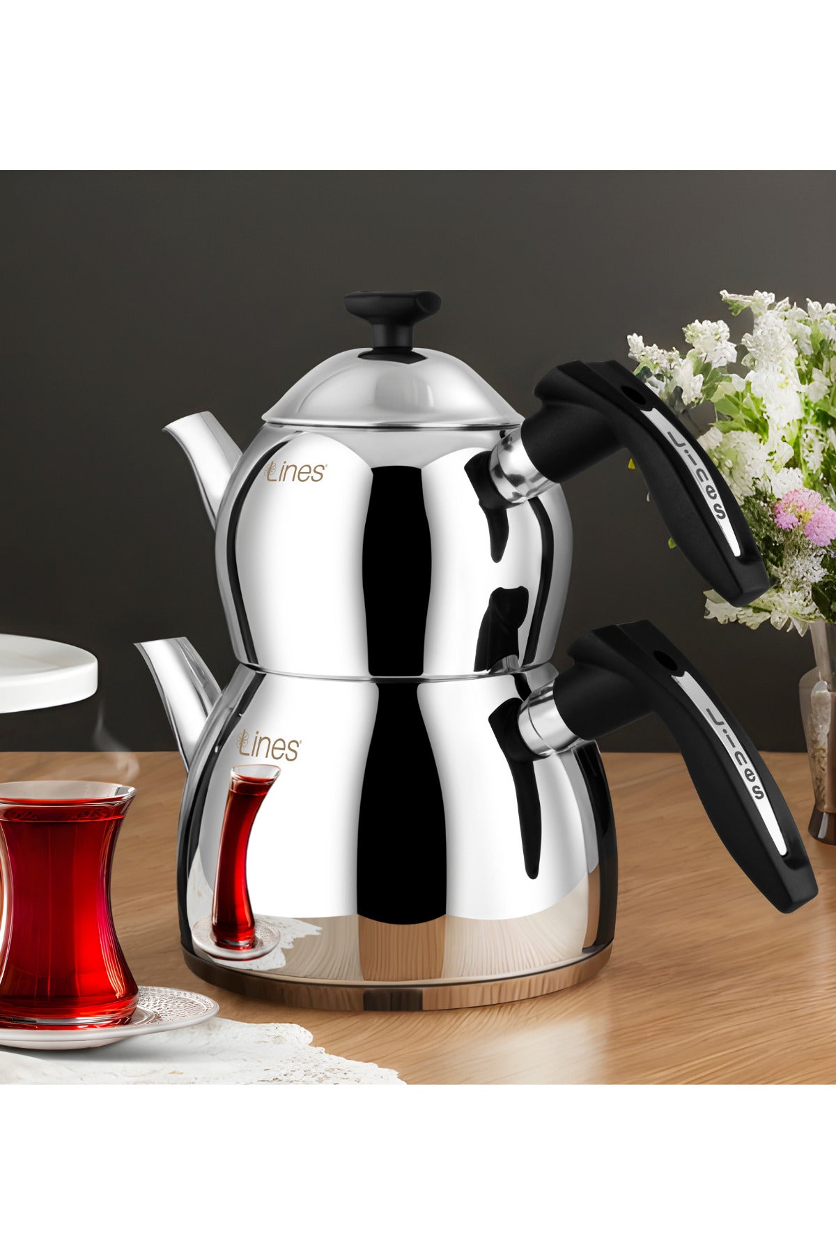 Lines Aycan Stainless Steel Teapot - Family Size: Teapot: 1.75lt Water Jug: 3.00lt - MALLTURK