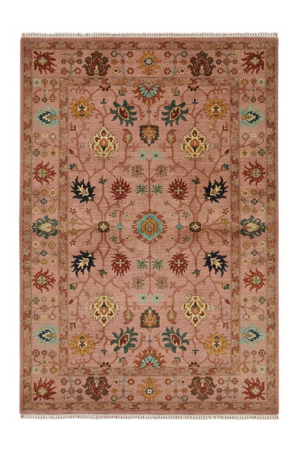 Vog Rug Sultani Handcrafted Pink Anatolian Pattern Pattern Fringed Modern and Traditional Living Room Rug