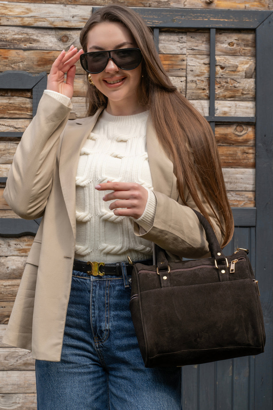 Fubileather Urban Line Genuine Leather Hand & Shoulder Bag – Suede Brown Vintage Style