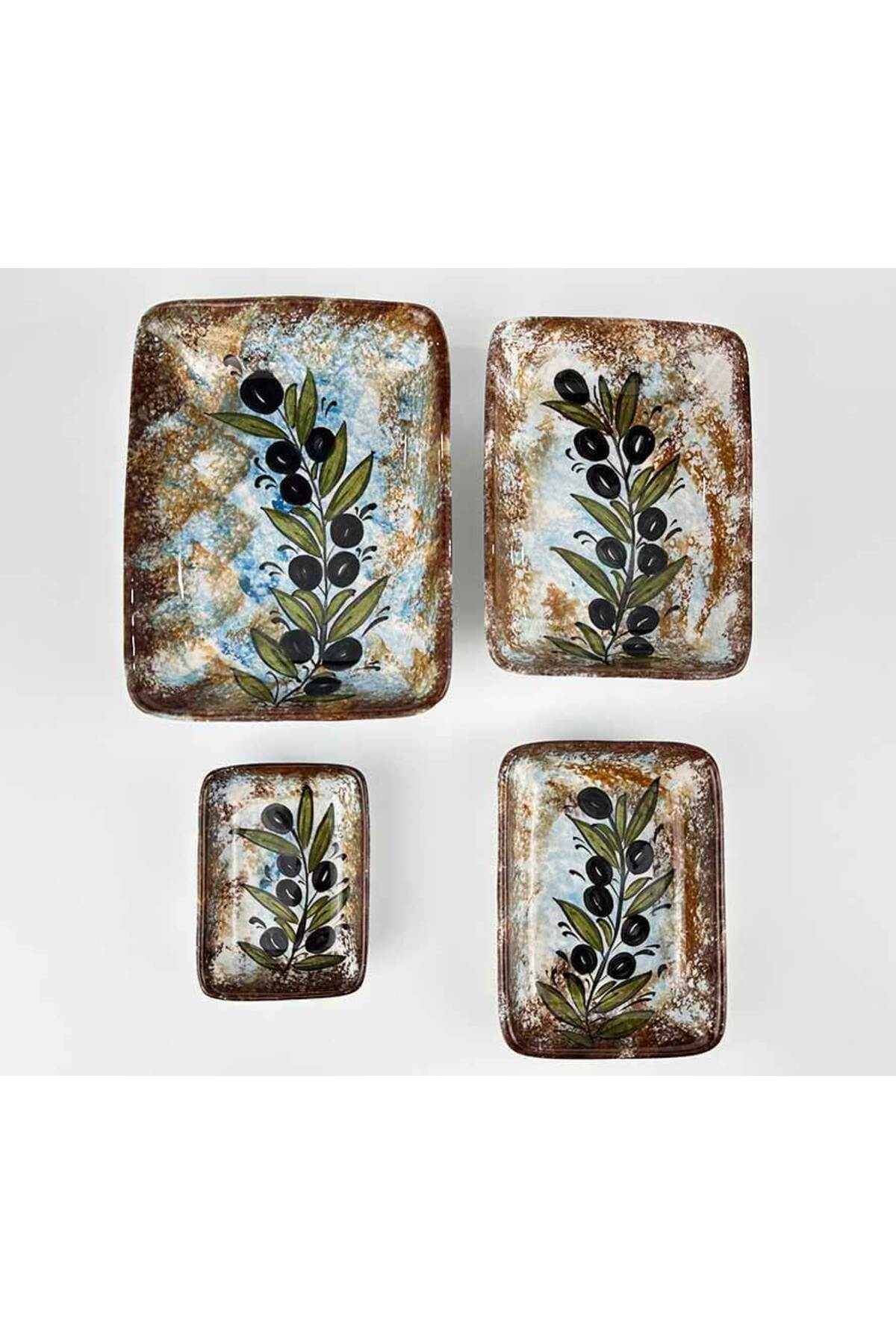 Cini Evi Rustic Olive Branch Patterned 4-Piece Ceramic Snack Bowl Set - MALLTURK