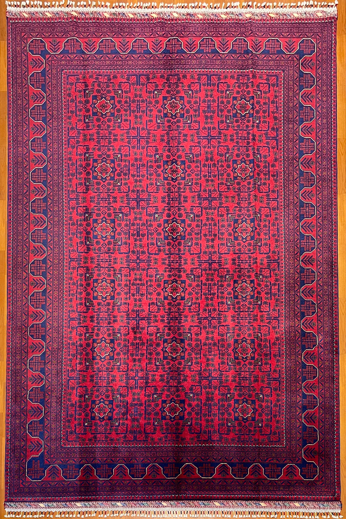 Afghan Rug 6 Meter Hand-Woven Burgundy Red Rug 100% Wool Handicraft ile Harika Yildiz Pattern