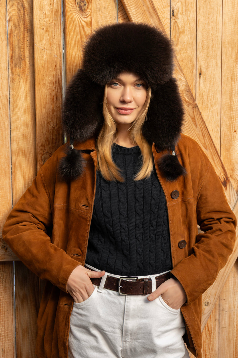 Fubileather Winter Genuine Leather Ushanka Women's Hat Brown