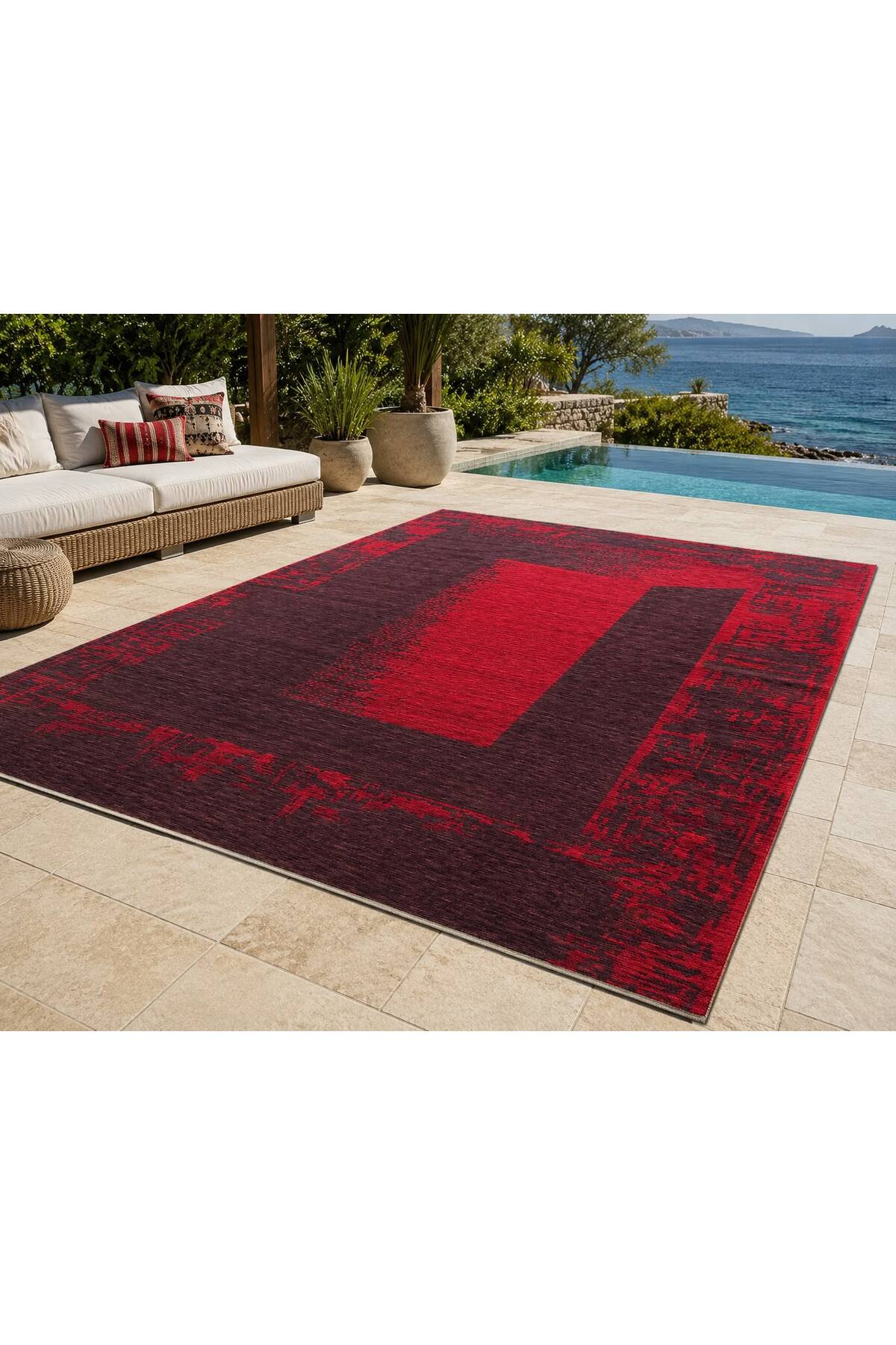 Vog Rug Modern Soyut Geometric Hand-Woven Rug Antrasit Red Distressed Pattern Decorative Living Room Rug