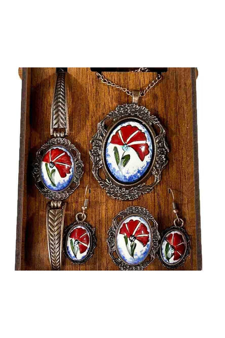 Cini Evi Anniversary Gift Carnation Patterned Iznik Tile Jewelry Set - MALLTURK