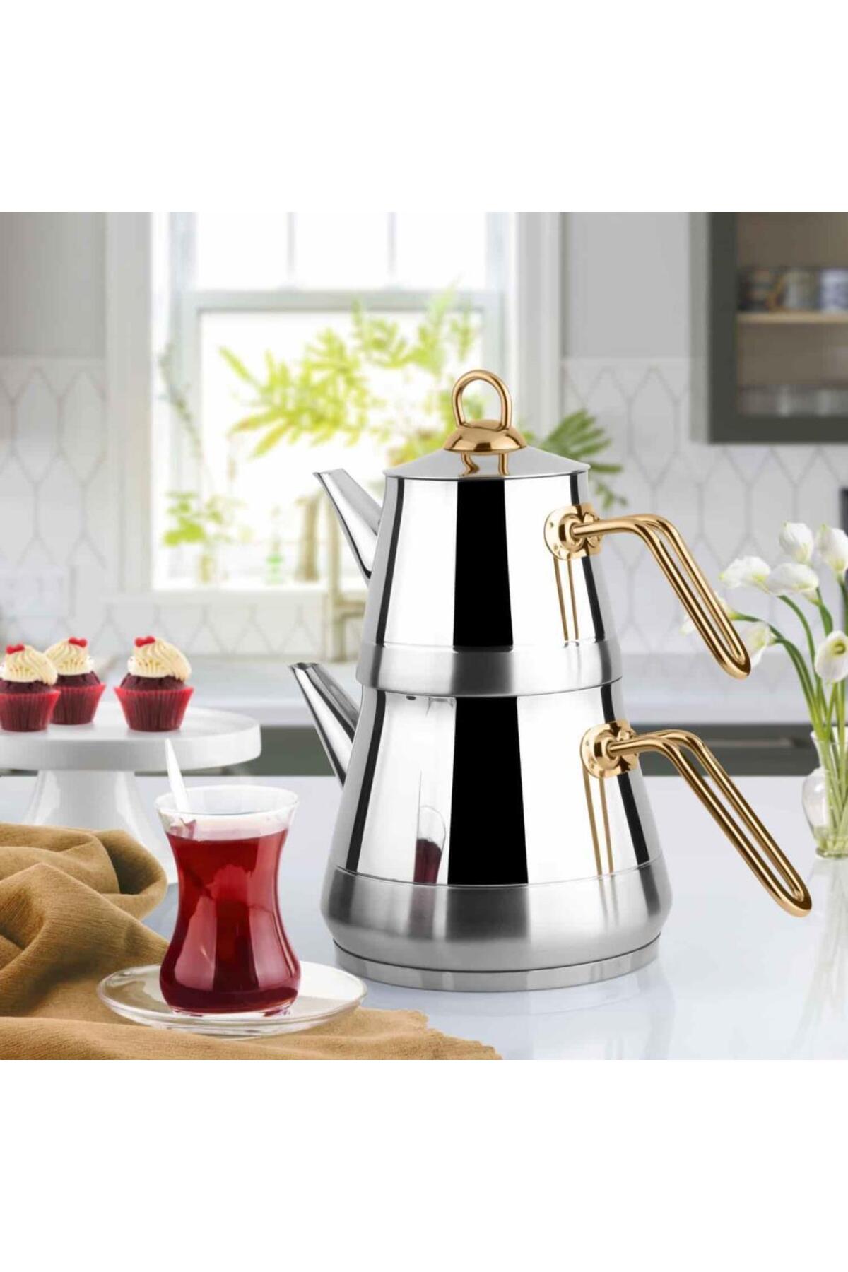 Lines Pyramid Steel Teapot Set Mini with Gold Handle - MALLTURK