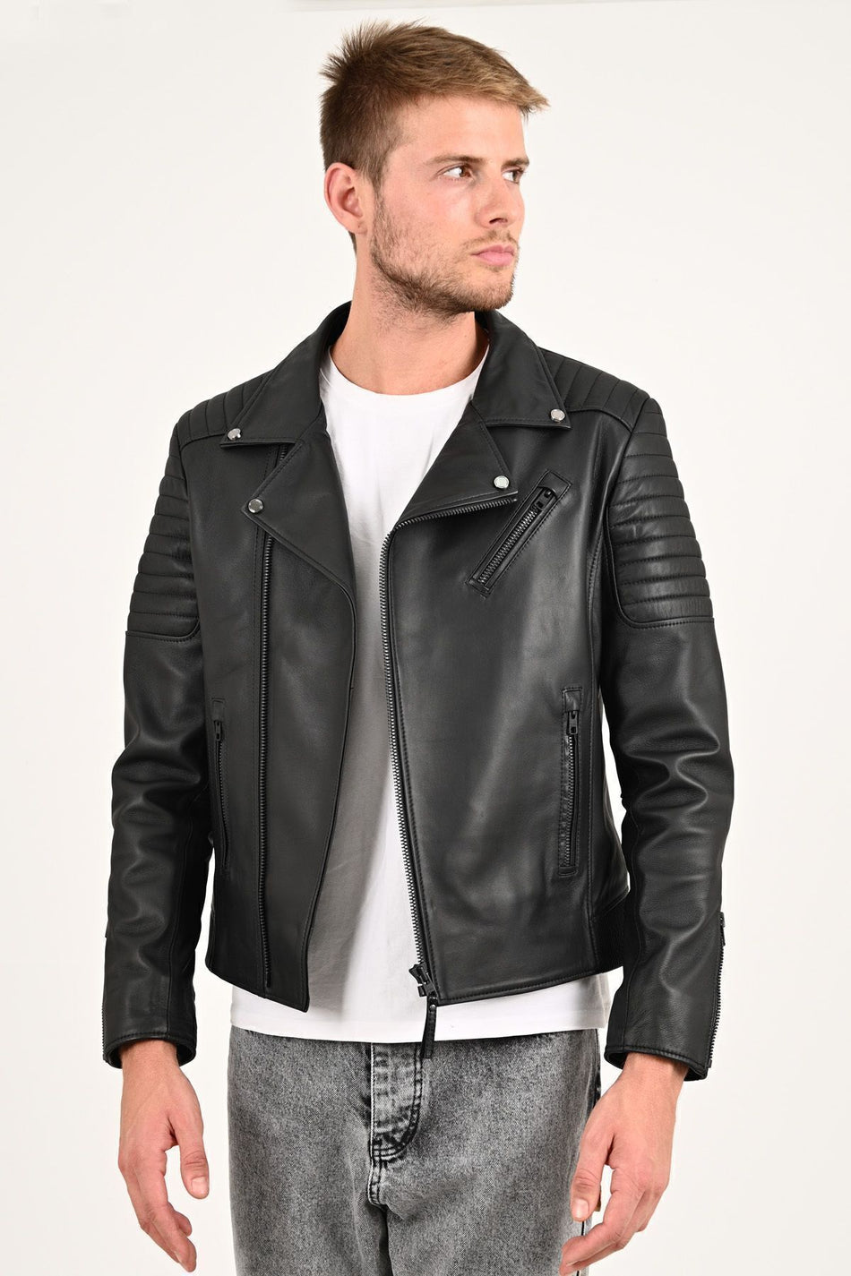 ALIN Echo Men's Genuine Leather Biker Leather Jacket Black