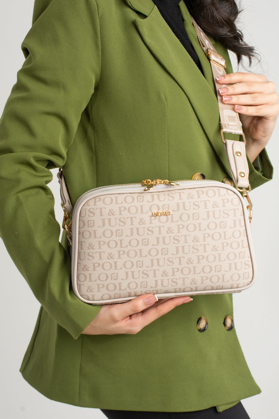 Just Polo Original Women's New Season 5-Compartment Luxury Soft Leather Adjustable Crossbody Shoulder Bag Stone