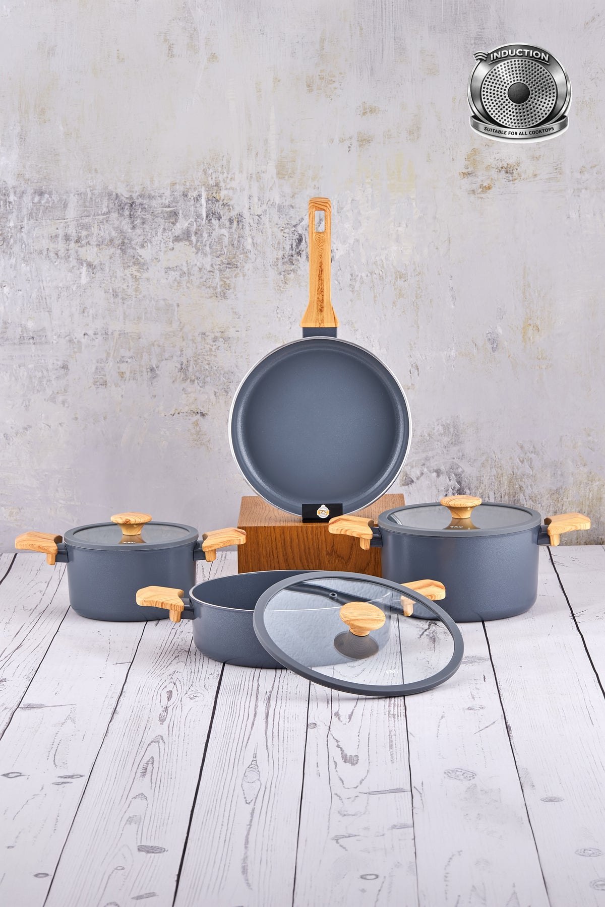 Tac Sera Feel Induction Compatible 7 Piece Ceramic Cookware Set Ahsap Kulplu, Nonstick, Modern Tasarim - MALLTURK