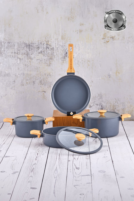 Tac Sera Feel Induction Compatible 7 Piece Ceramic Cookware Set Ahsap Kulplu, Nonstick, Modern Tasarim - MALLTURK