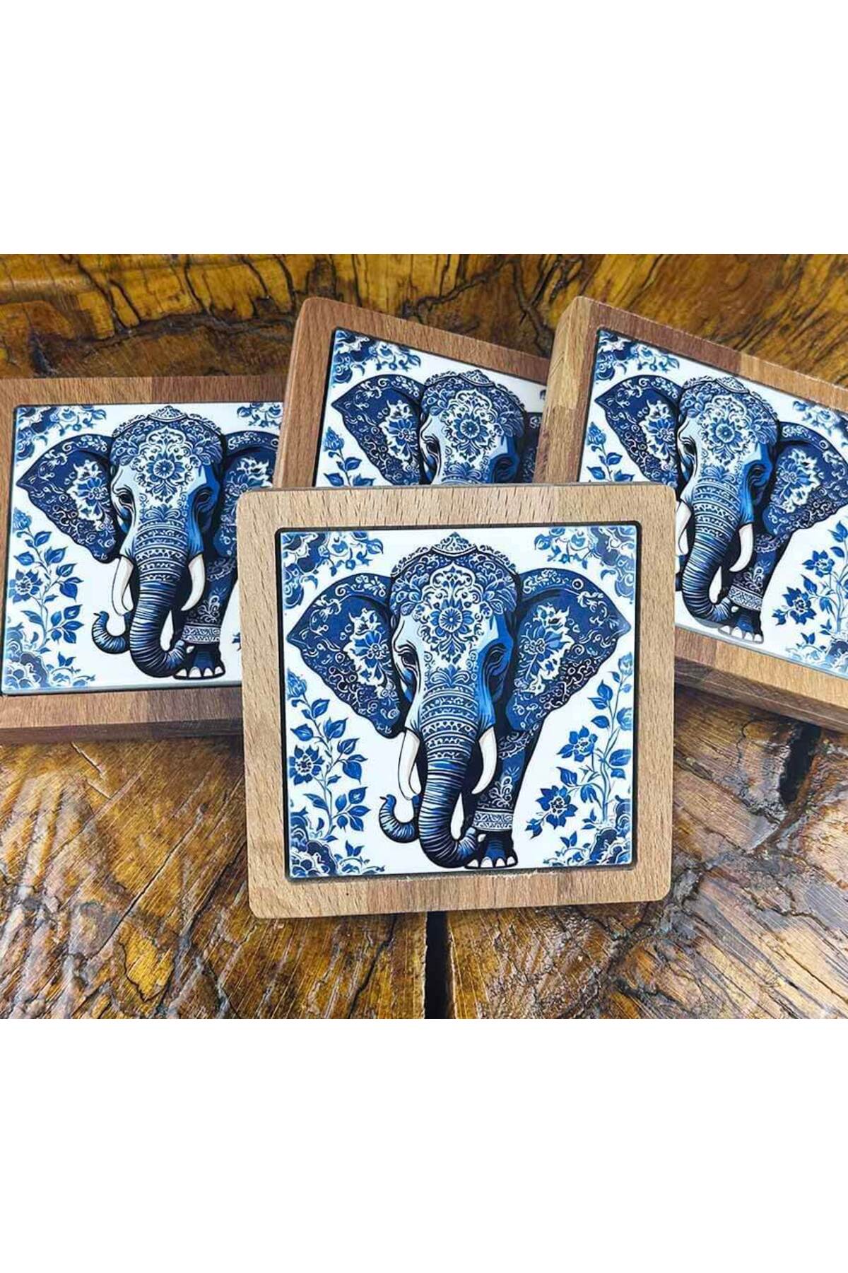 Cini Evi Elephant Patterned Wooden Coaster Set - MALLTURK