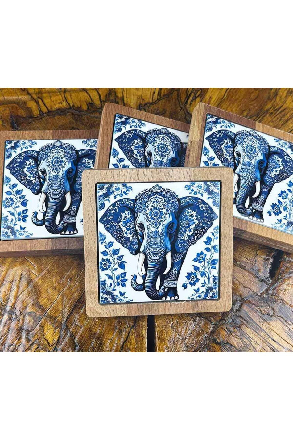 Cini Evi Elephant Patterned Wooden Coaster Set - MALLTURK