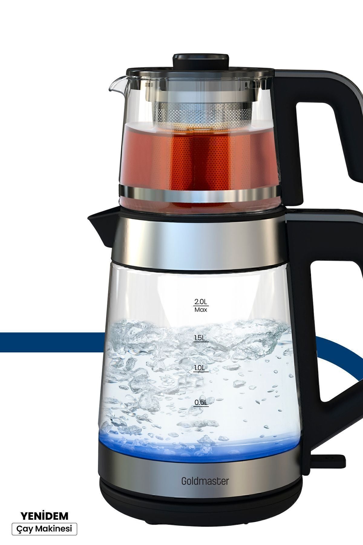 GoldMaster Yenidem Stainless Steel Large Capacity Tea Maker with German Schott Glass Teapot and LED Lighted Water Kettle - MALLTURK