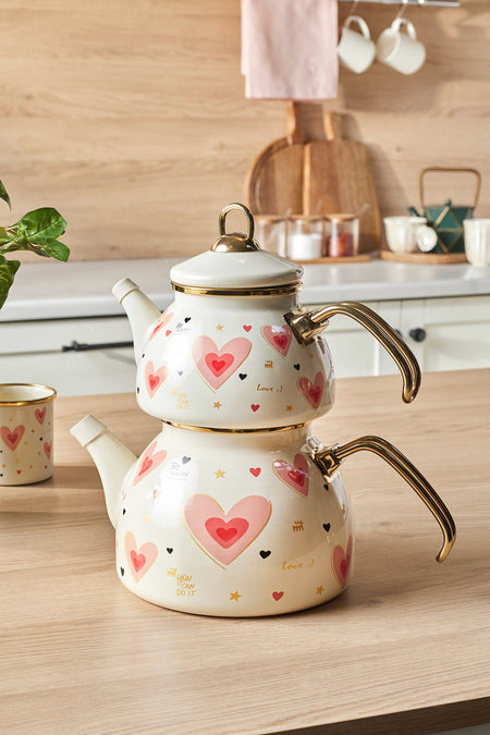 Karaca Pink Love Enamel Heart Detail Midi Size Teapot Set 3.1 Liters - MALLTURK