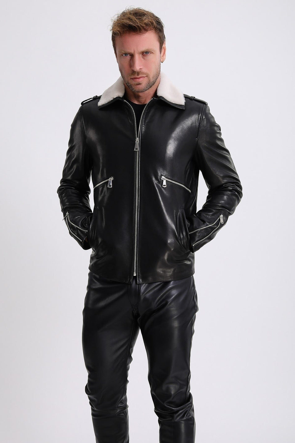 Veste en cuir végétal noir Leather Club avec accessoires en fourrure