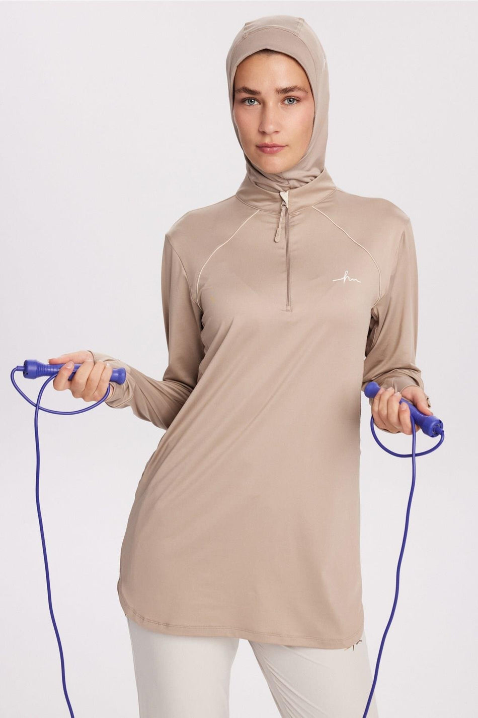 Hasema Active Bias Detail Neckline Zippered Mink Color Hijab Training Top ACT-34